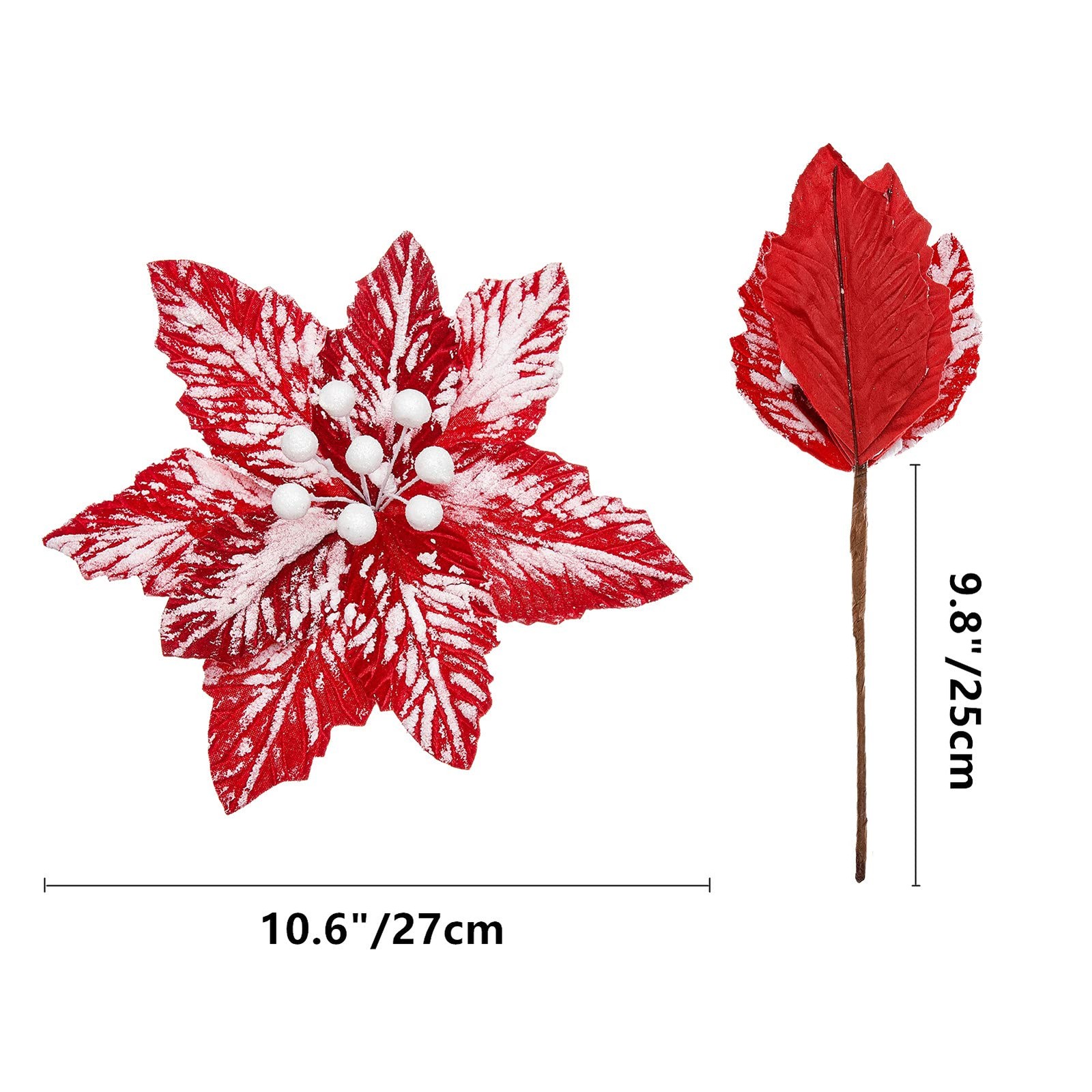 6 PCS Large Red White Christmas Poinsettia Picks Tree Glitter Flowers Decor