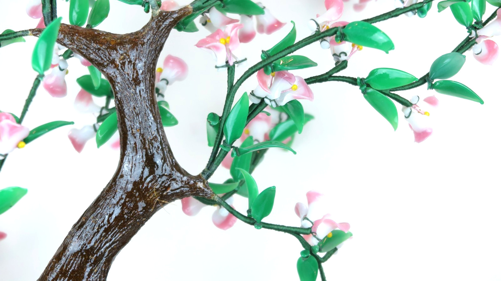Glass Artificial Flowers Bonsai Plant – Pink White Green Porcelain Pot 18″H New