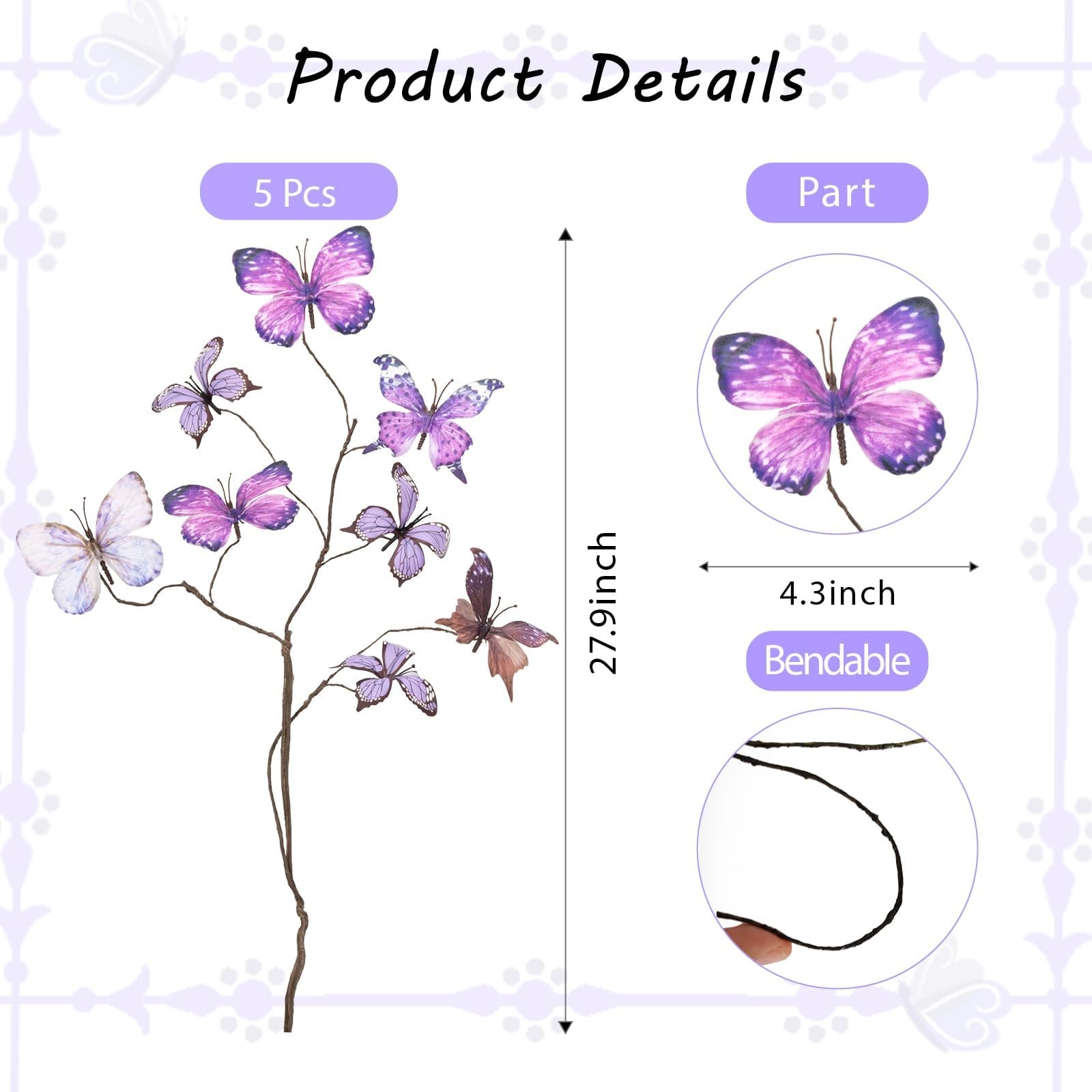 5 Pcs DIY Butterfly Decorations 5 Butterfly Branches with 30 Fake Butterflies…