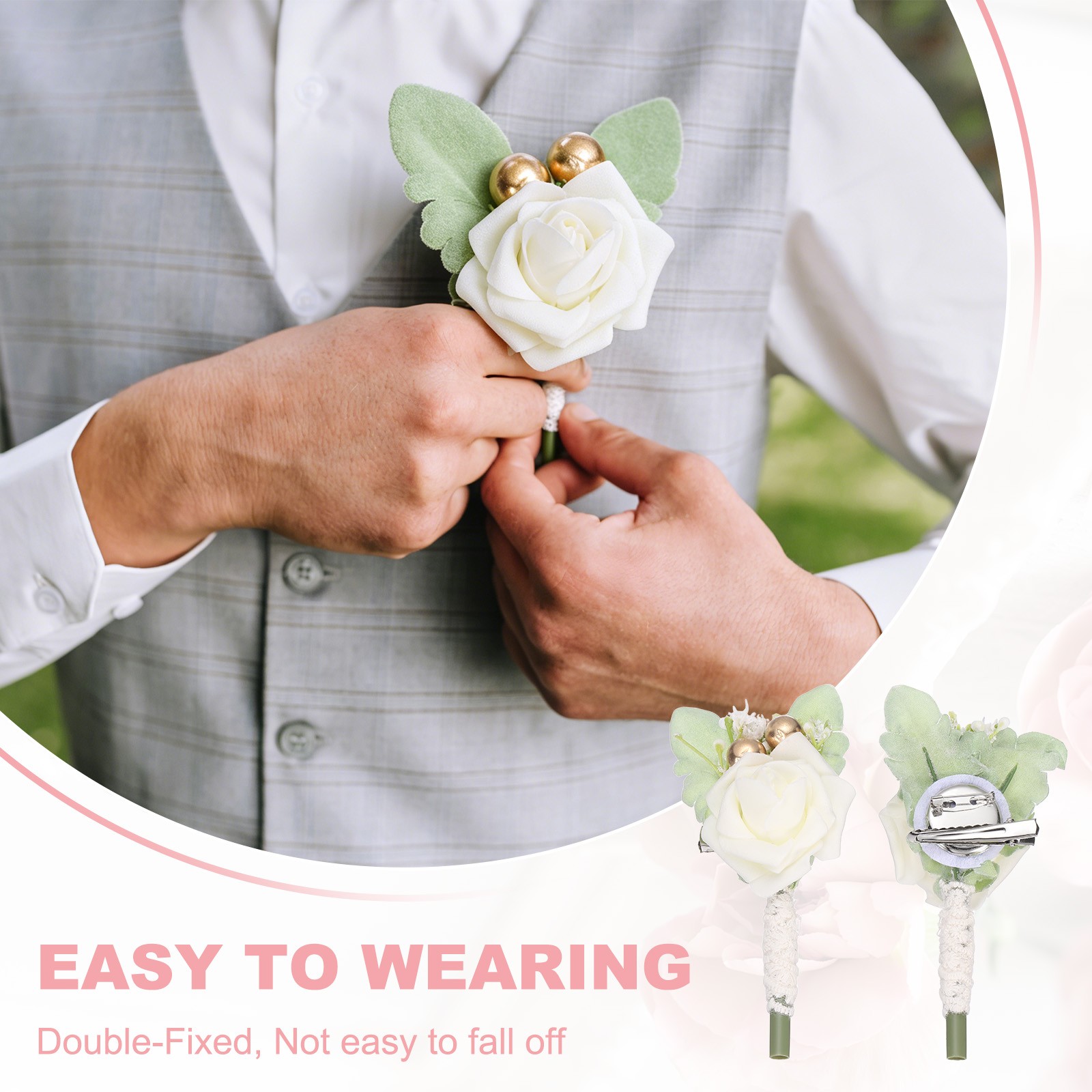 Bean Paste Wedding Boutonnieres for Men 2Pcs Webbing Artificial Flowers