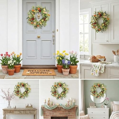 22IN Artificial Spring Summer Wreath with Wild Flowers & Silk Daisies
