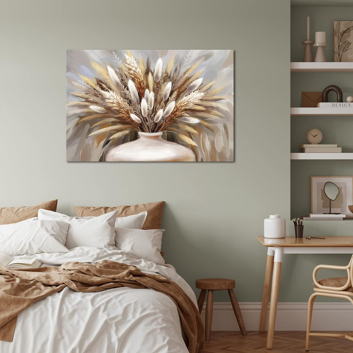 Boho Pampas Grass Wall Art – Framed Canvas Print for Home Decor 24×36 Inch