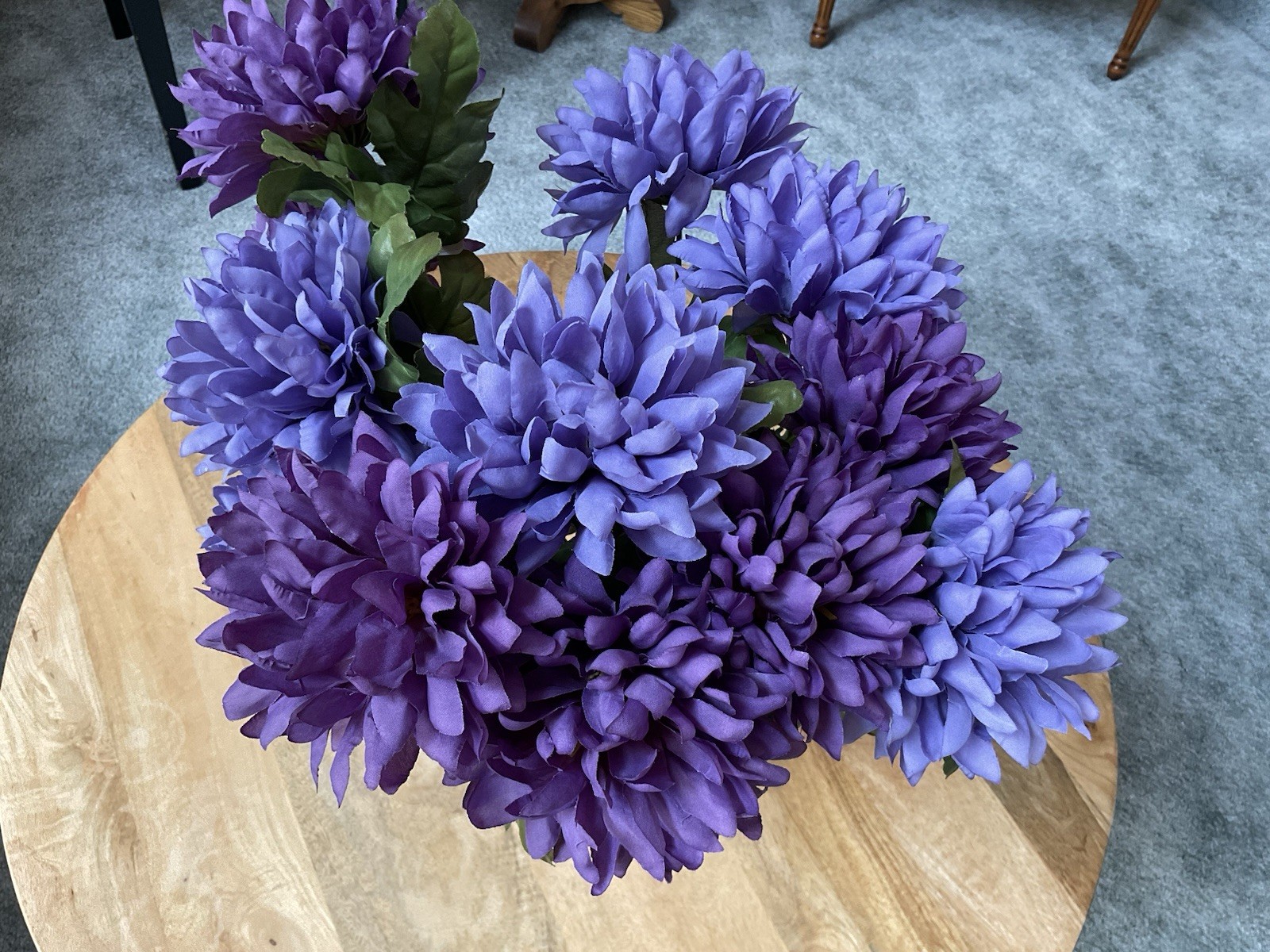 Artificial Purple Mum Flower Bouquet w/Leaves ~ 19” Long ~ Fall Decor