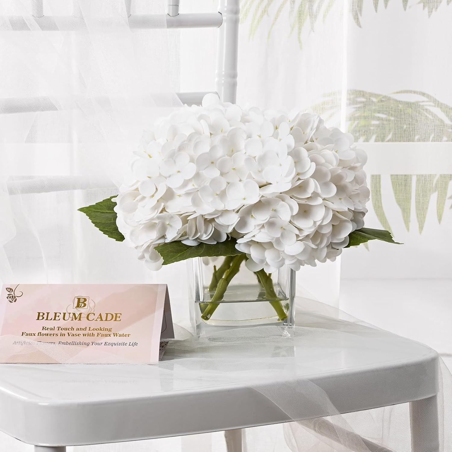 Luxury White Hydrangea in Glass Vase with Faux Water – Elegant Table Centerpiece