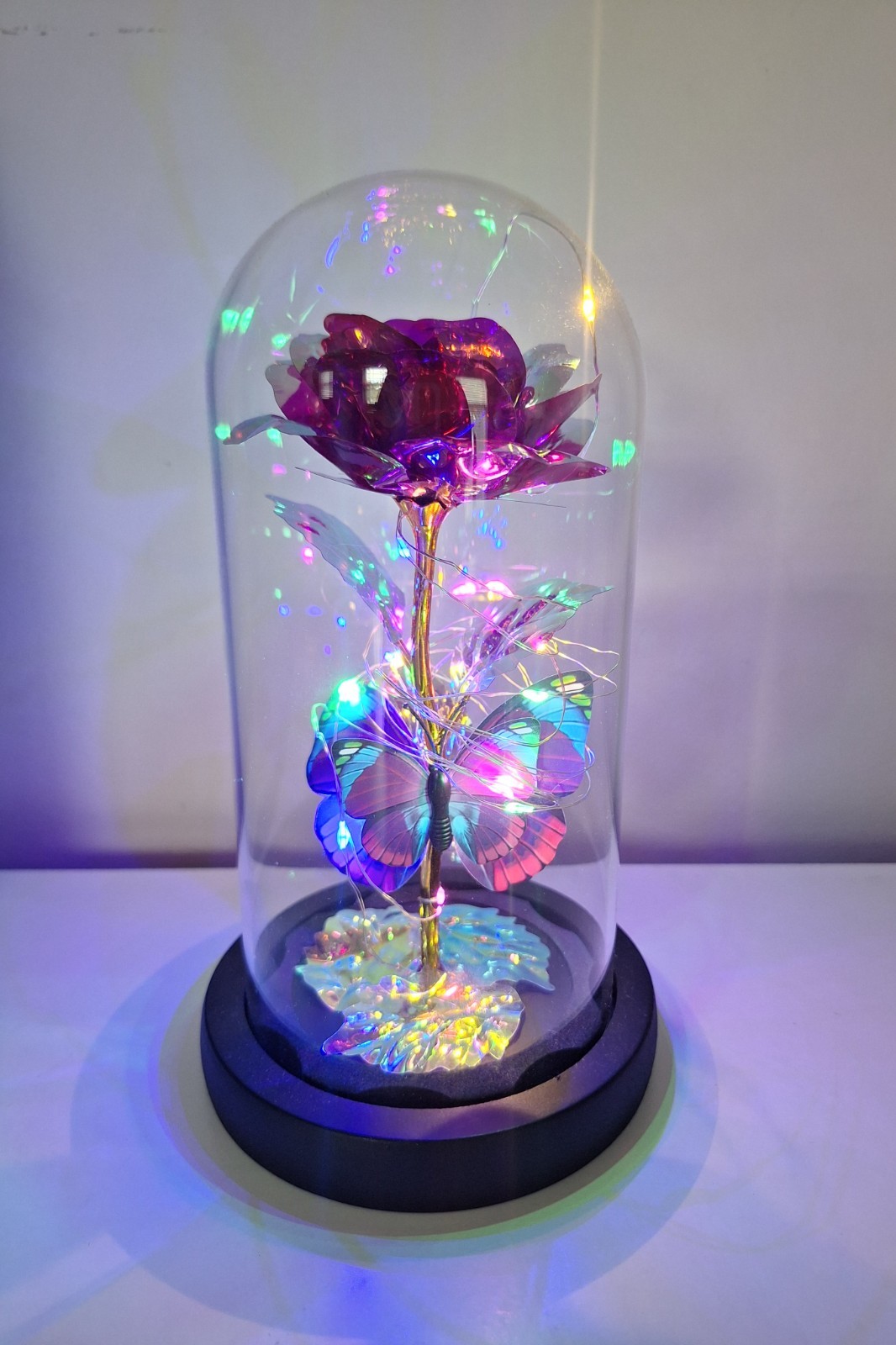 Light Up Rose in Glass Dome With Butterfly
