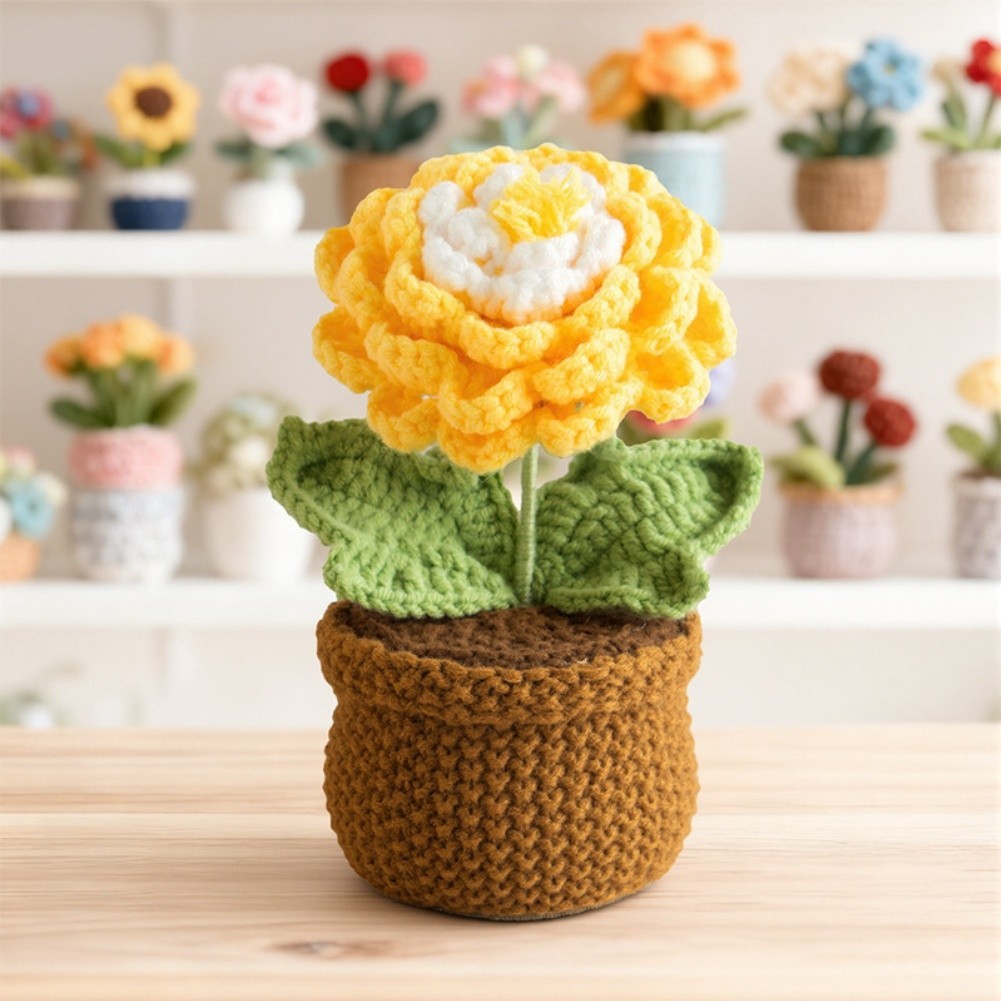 Crochet Peony Artificial Flower in Pot Handmade 17cm Milk Cotton Piece