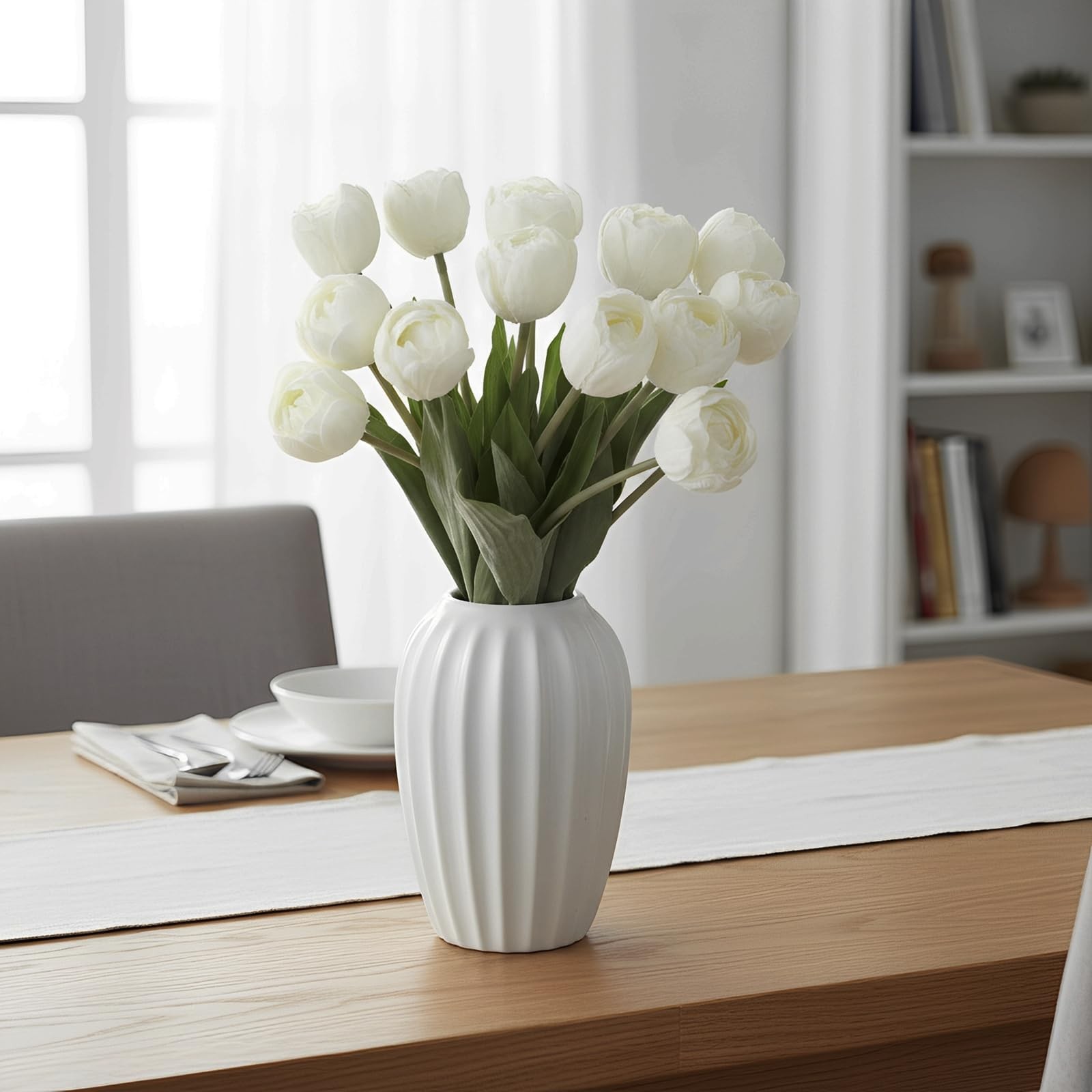 12 PCS White Artificial Silk Faux Tulips 15 Inch Flowers Home Office Decor