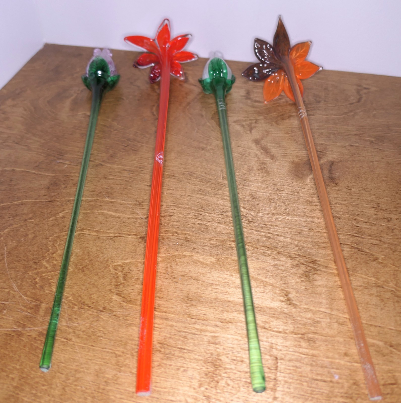 4 Art Glass Flowers Long Stem Czech Republic Royal Gallery Lilies Tulips 18″