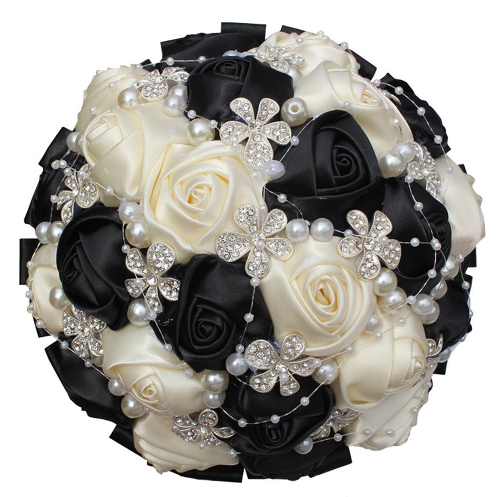 Hand Made Shining Crystal Rhinestone Pearl Silk Rose Bouquet A-018 Black Cream