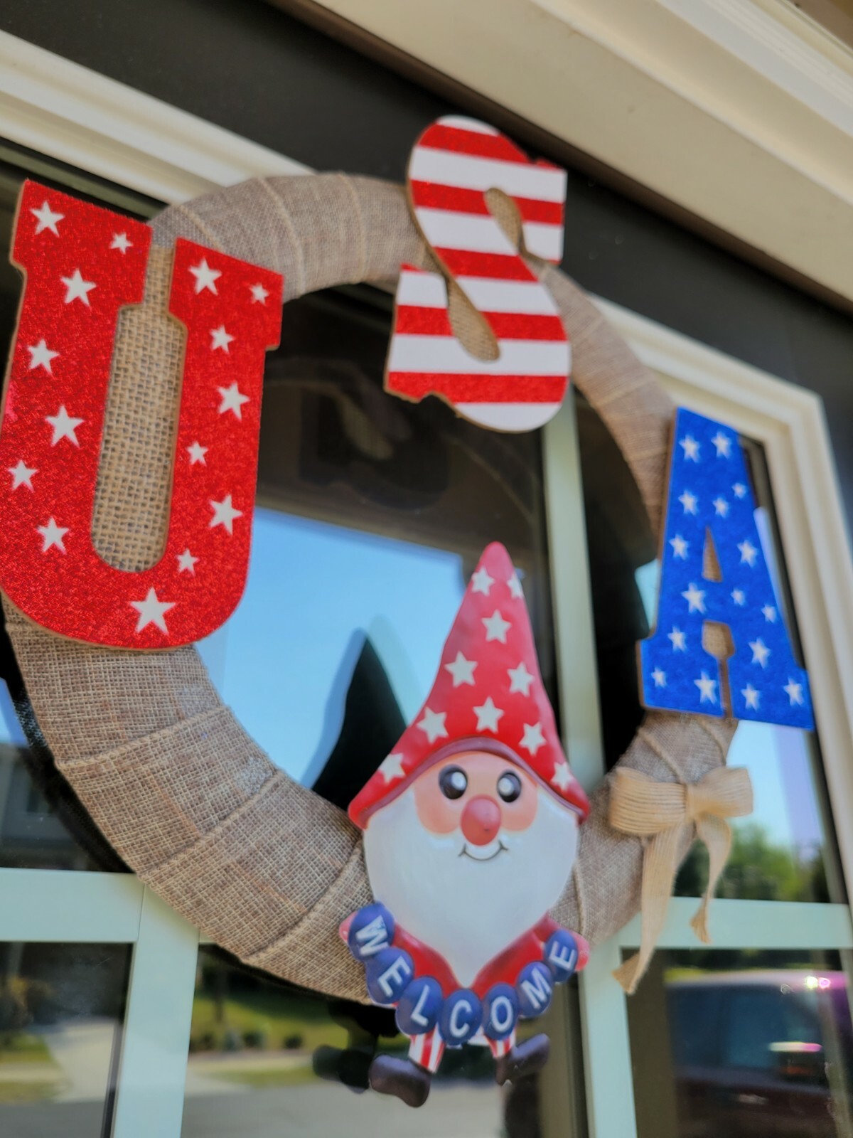 USA Welcome Gnome red white and blue burlap Door WREATH patriotic 4th of July