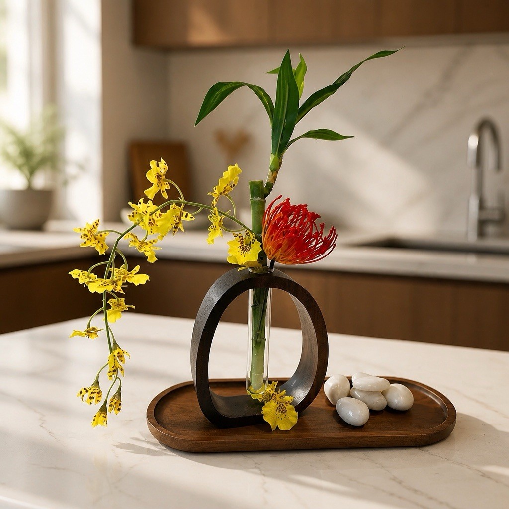 Silk Floral arrangement centerpiece, orchids, Bamboo Wood, Stones Asian Modern