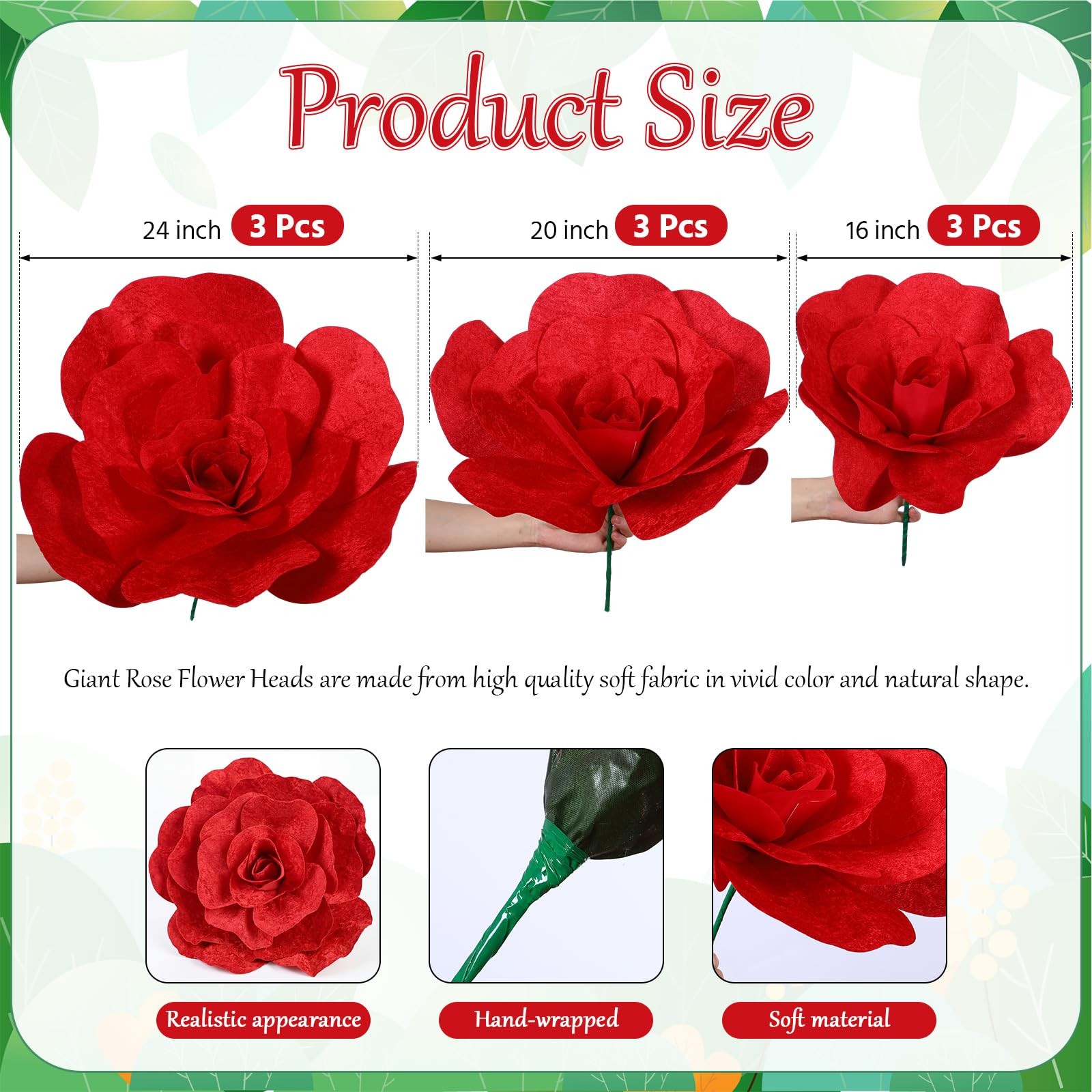 3 Flores Artificiales 16 20 y 24 Pulgadas Grandes Gigantes Rojas Para Decoracion