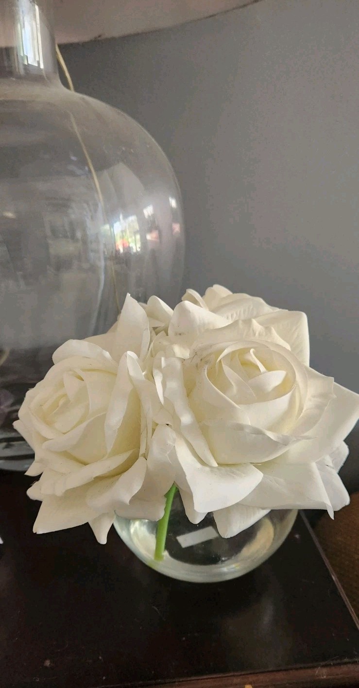 Artificial White Rose Faux Flower Arrangement in small round clear vase