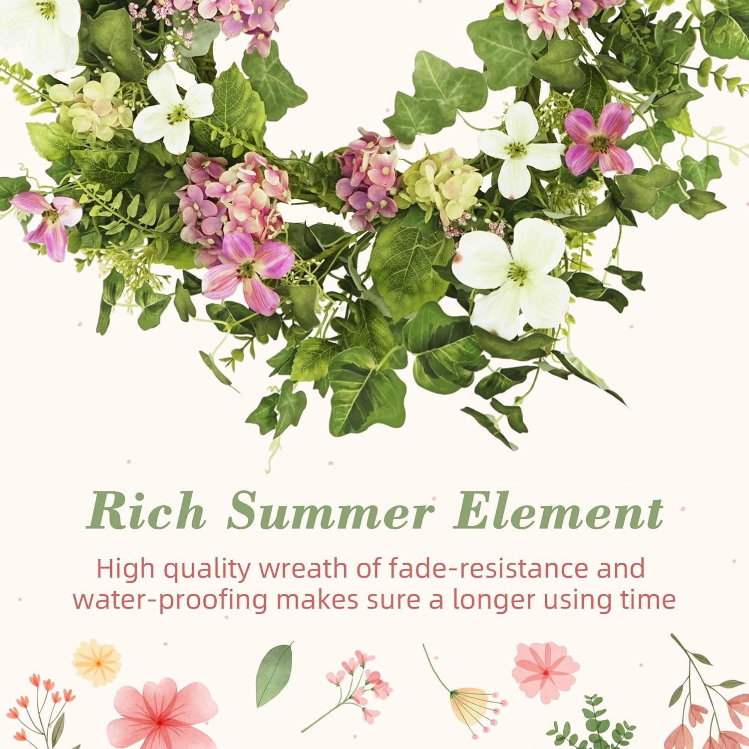 Spring Summer Wreath 20″ Pink Hydrangea Eucalyptus Leaves Home Decor