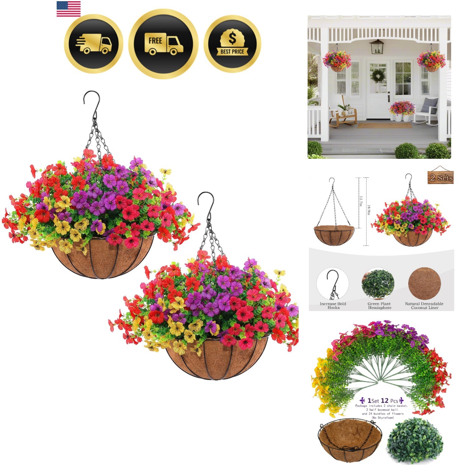 2 Set Artificial Outdoor Flowers with Hanging Basket, 2 Hanging Planters with…