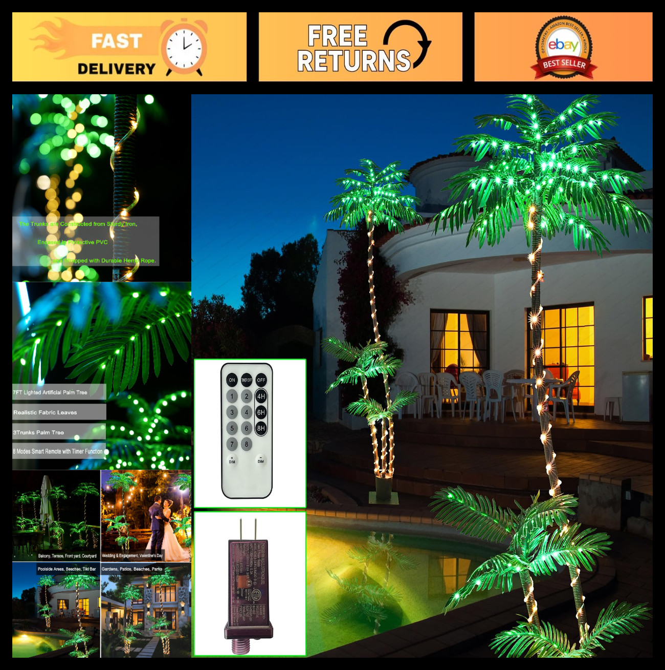 7FT Lighted Palm Tree with 260 LED Lights – Indoor/Outdoor Decor for Tiki Bars,