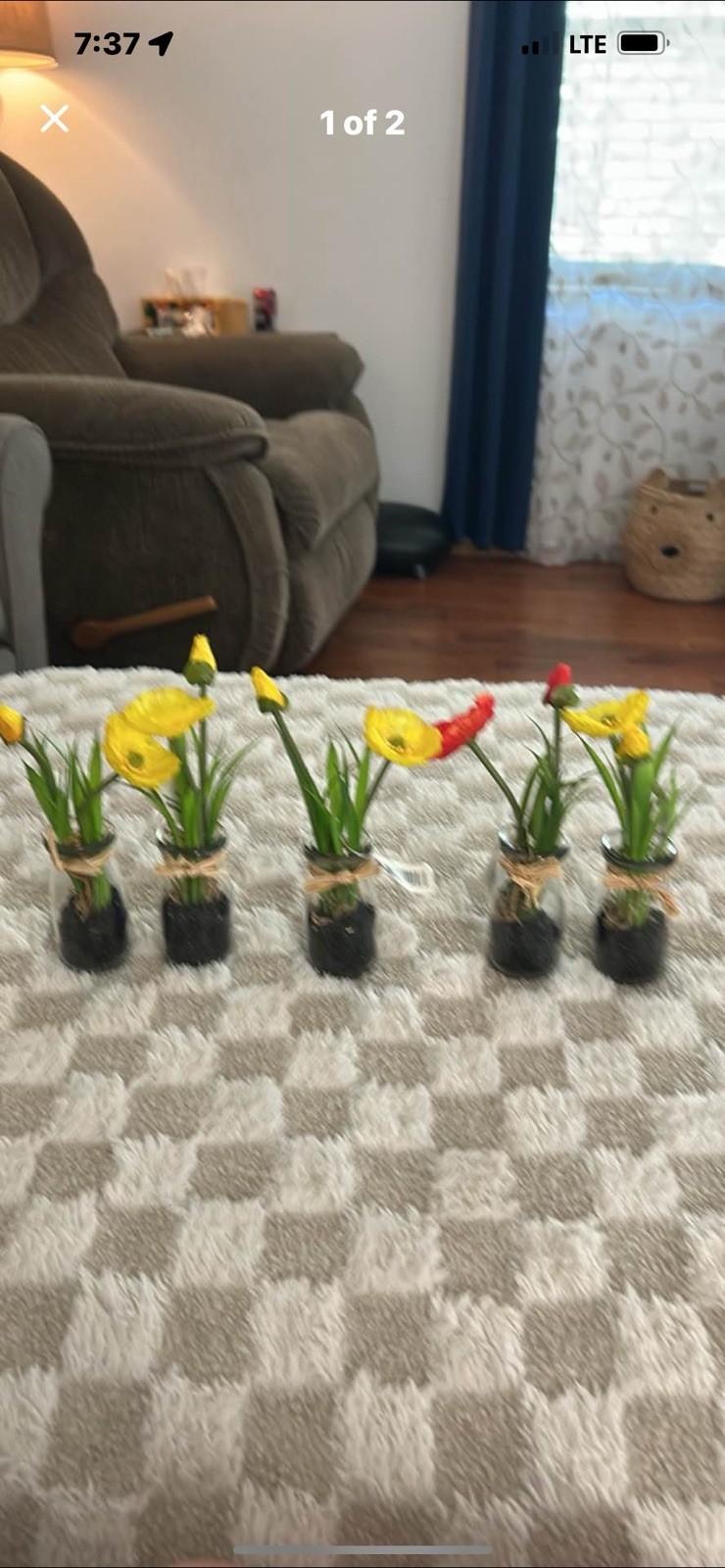 Set of 5 Artificial Poppy Flower Arrangements & Centerpieces in Clear Glass Jars