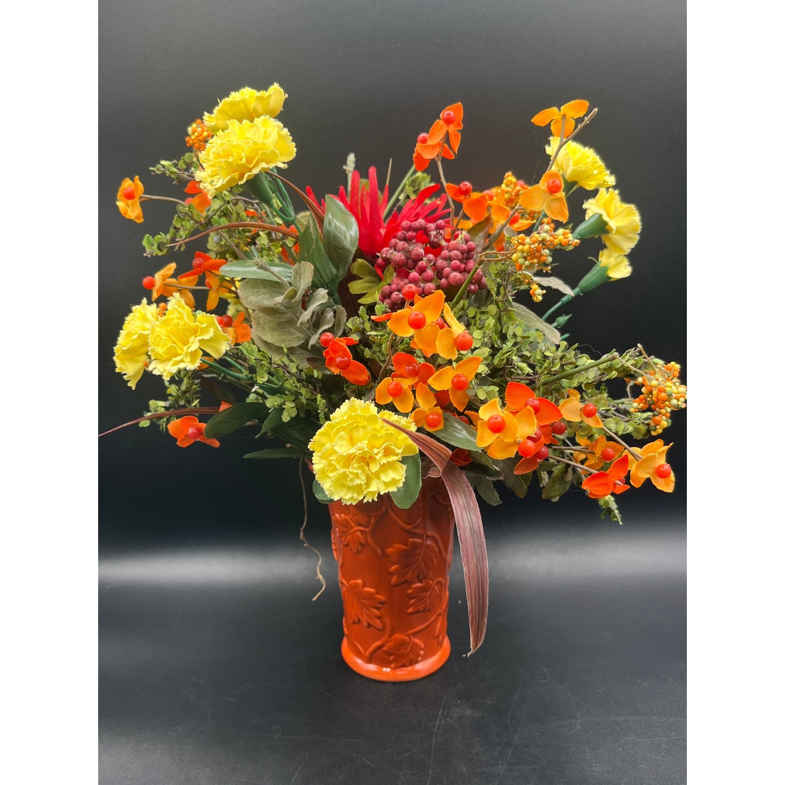 Burnt Orange Vase Faux Flower Arrangement 13″ Tall Autumn Colors Decor Fall