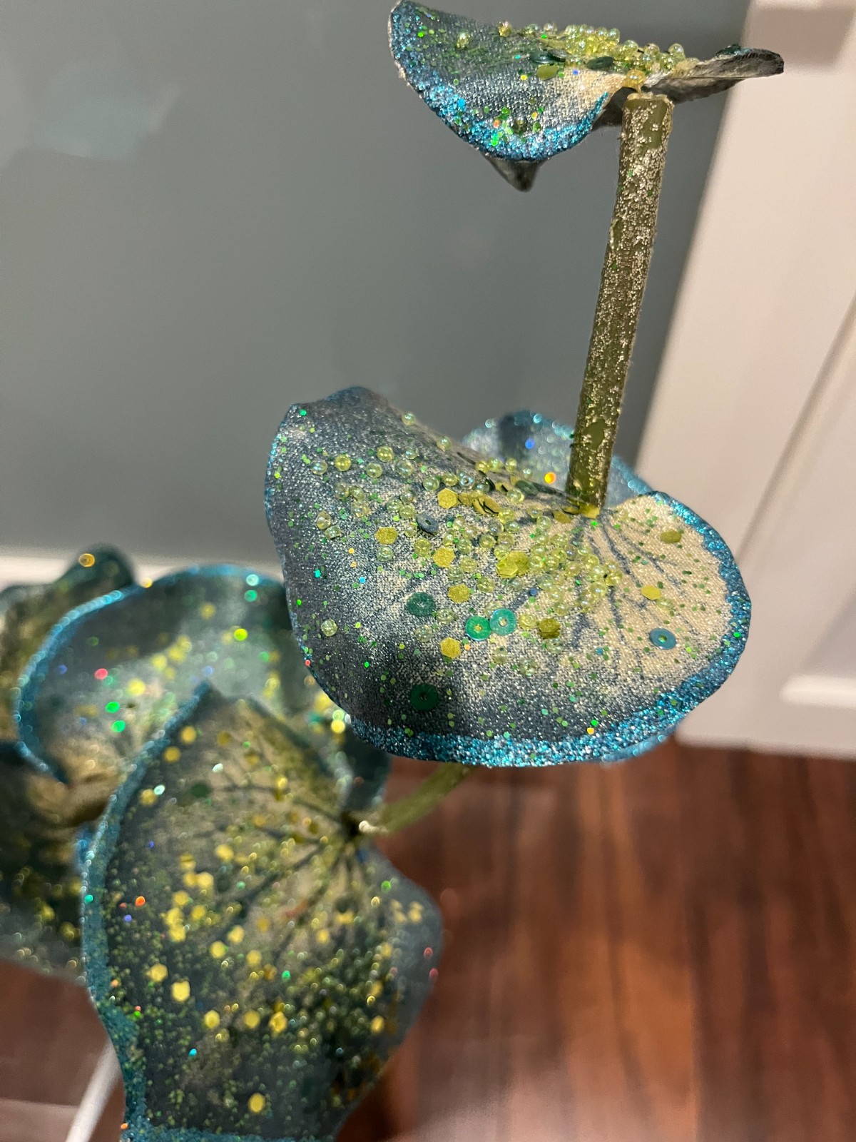 Blue-Green Sequin Leaf Spray Stem – Approximately 39” Glitter Faux Flower