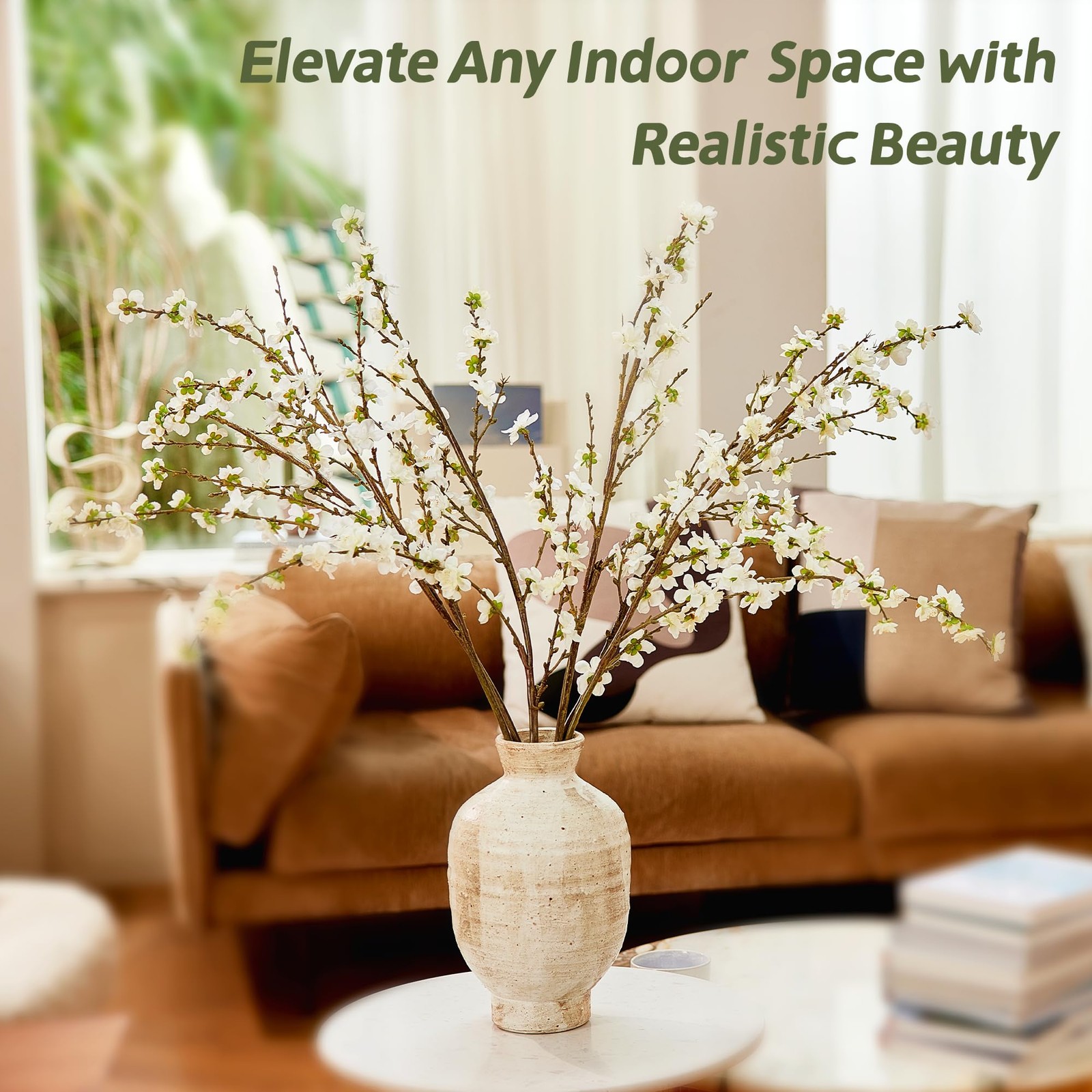 4 PCS 43″ White Realistic Silk Artificial Cherry Blossom Branches Faux Flowers