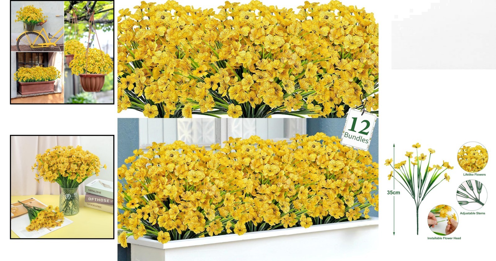 12 Bundles Yellow Artificial Flowers – UV Resistant Faux Silk for Home Decor