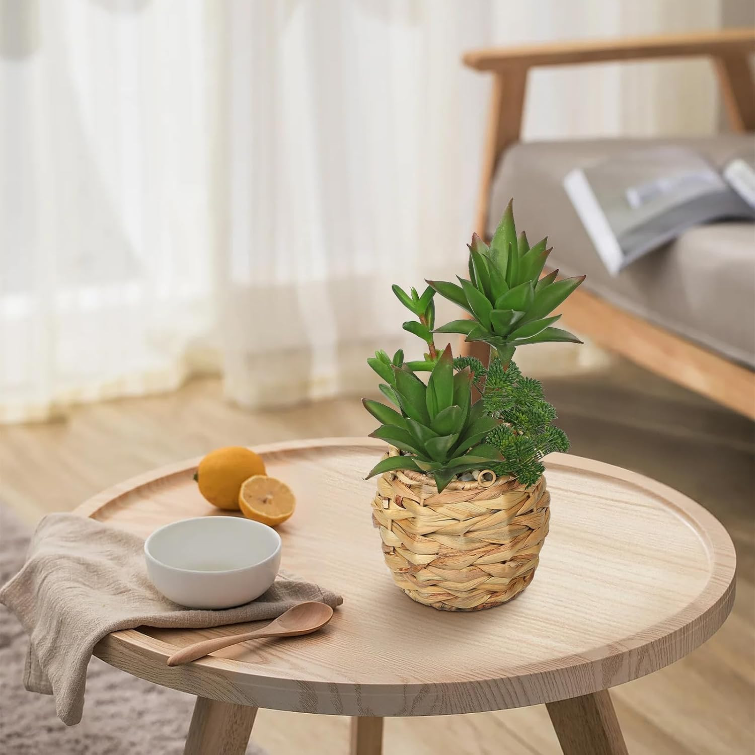 10″ Large Succulents Plants Artificial in Wooden Pots, Fake Succulents in Woven
