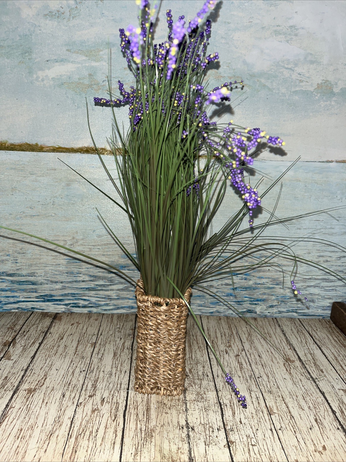 Artificial Lavender Flowers in Woven Sea Grass Basket 4”x16”
