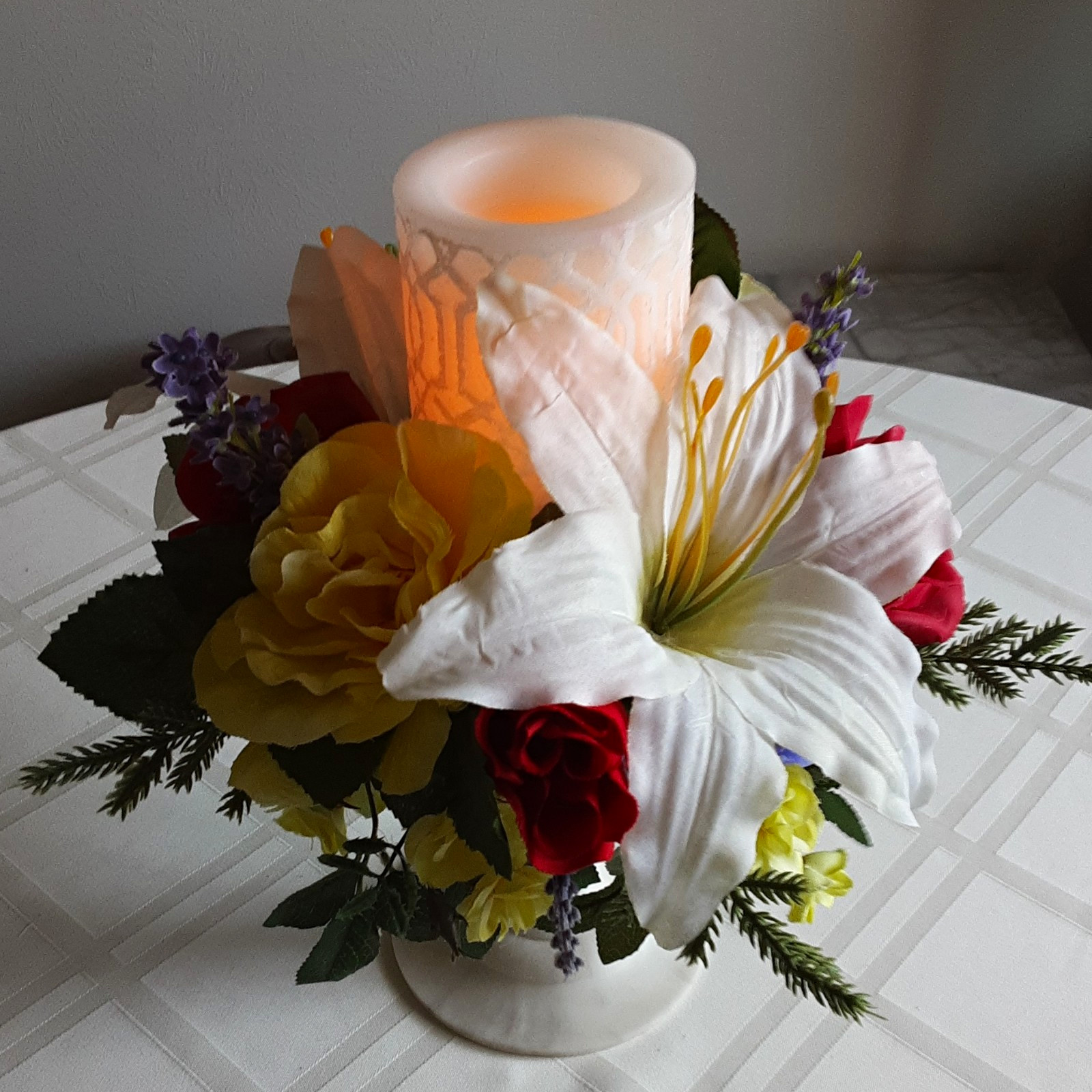 Artificial Floral Centerpiece w/ Lily & Rose, Candle Holder