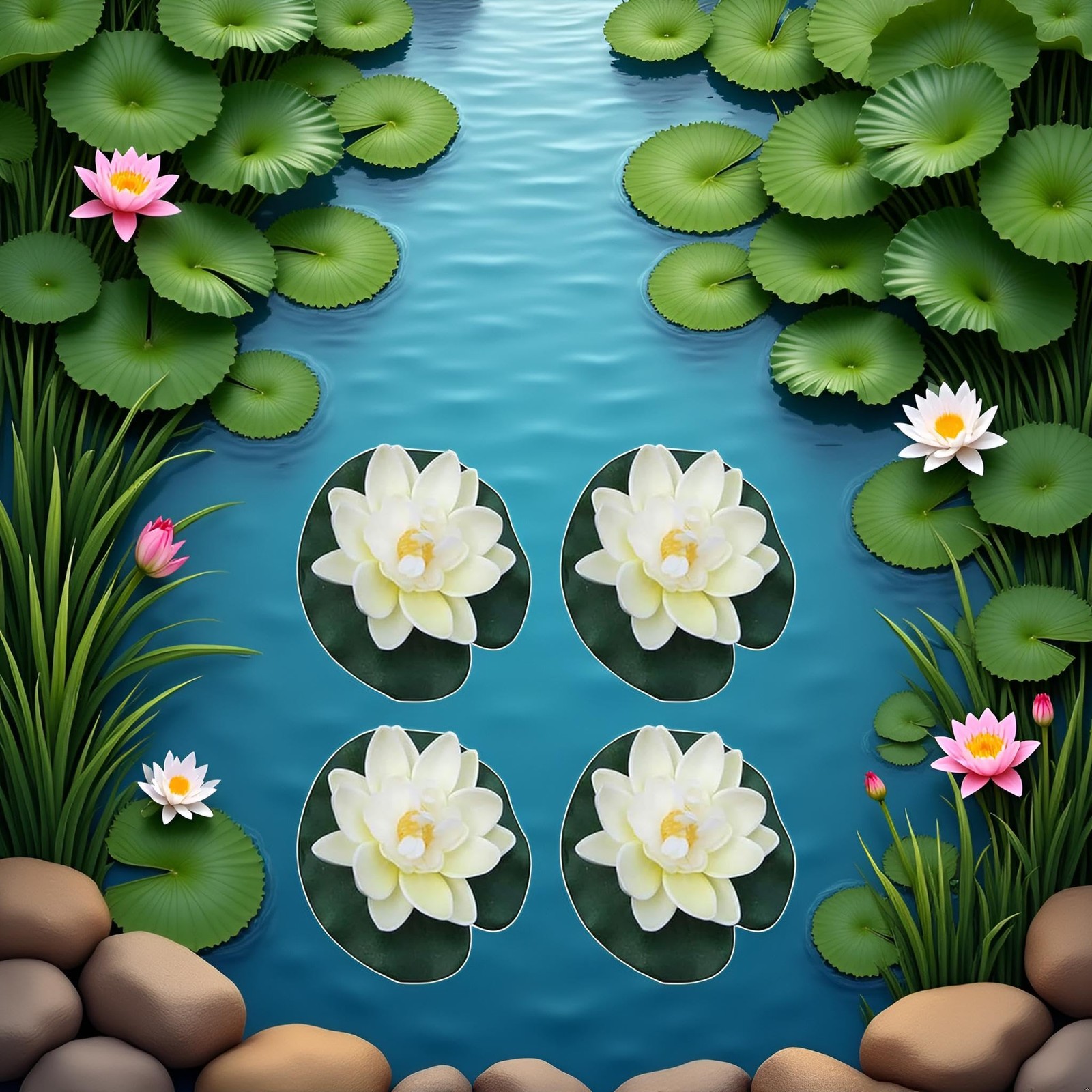 4 Pieces Artificial Floating Lotus Flowers with Lily Pads, Decorative Foam Wa…