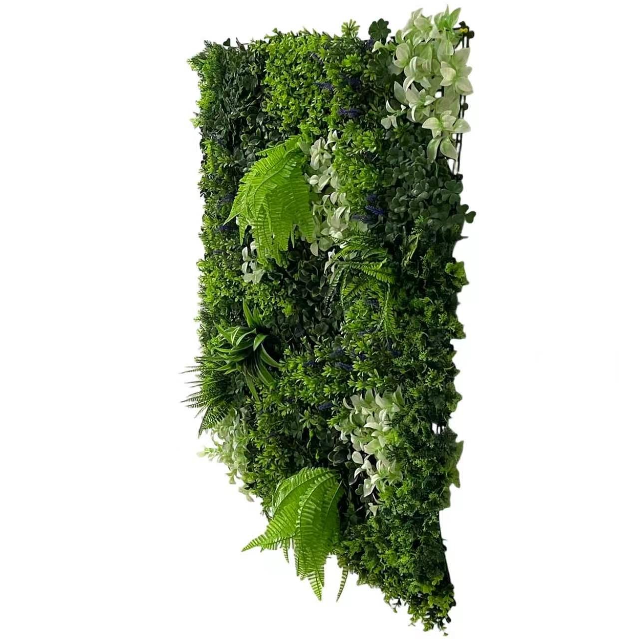 1x1mt Vertical, Green Wall, With Blue and White Flowers, Artificial Plants