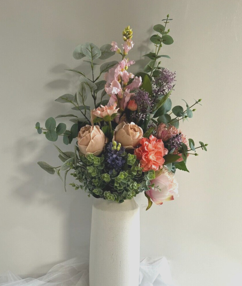Flower Arrangement Real Touch Roses Eucalyptus Zinnia Floral Bouquet Flowers
