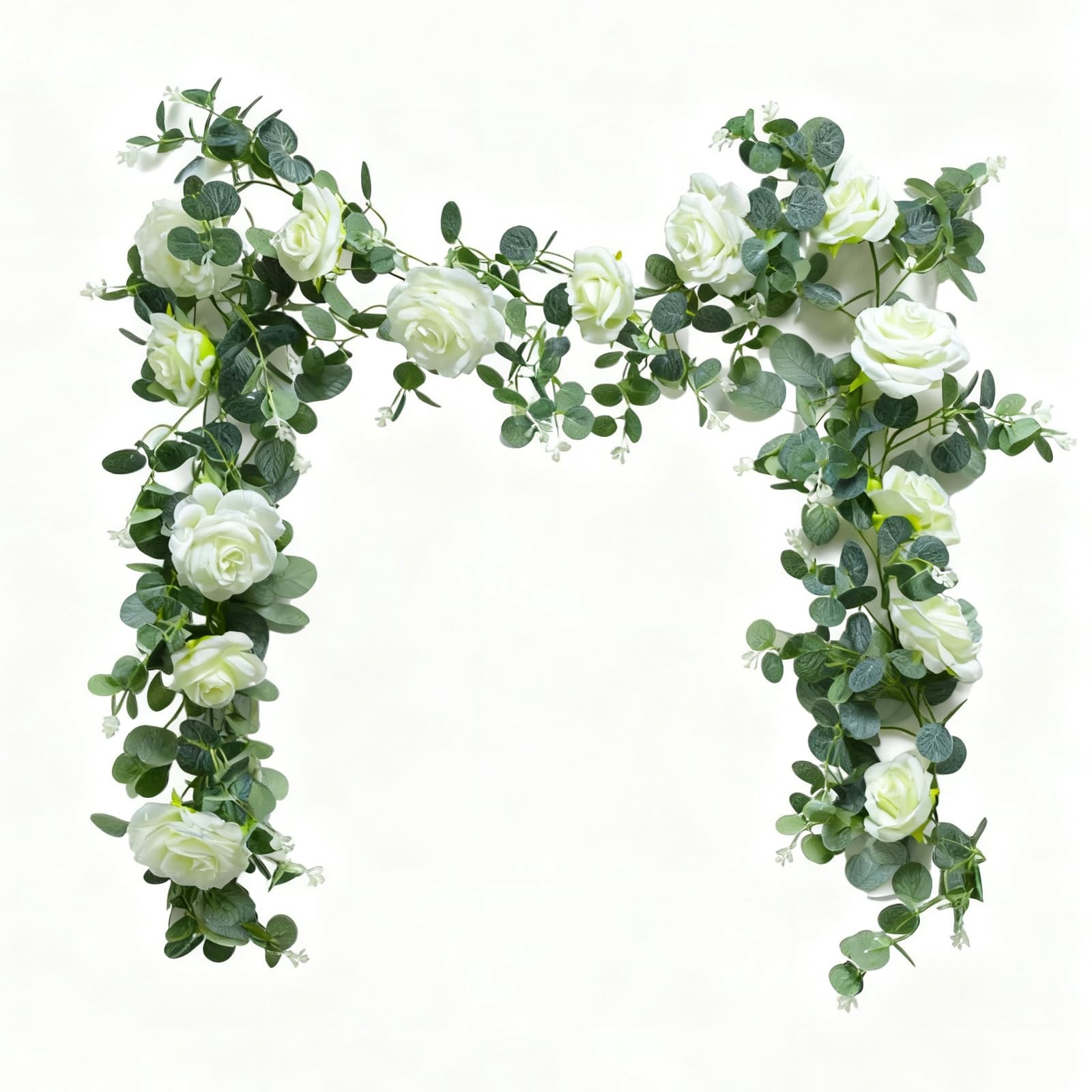 6FT Artificial Eucalyptus Garland with 14 Fake White Rose Flowers – Floral Gr…