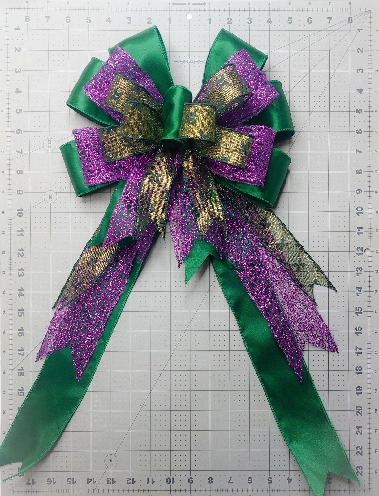 Mardi Gras Bow, Black with Gold Glimmer, Purple Metallic Mesh, Emerald Green Sat