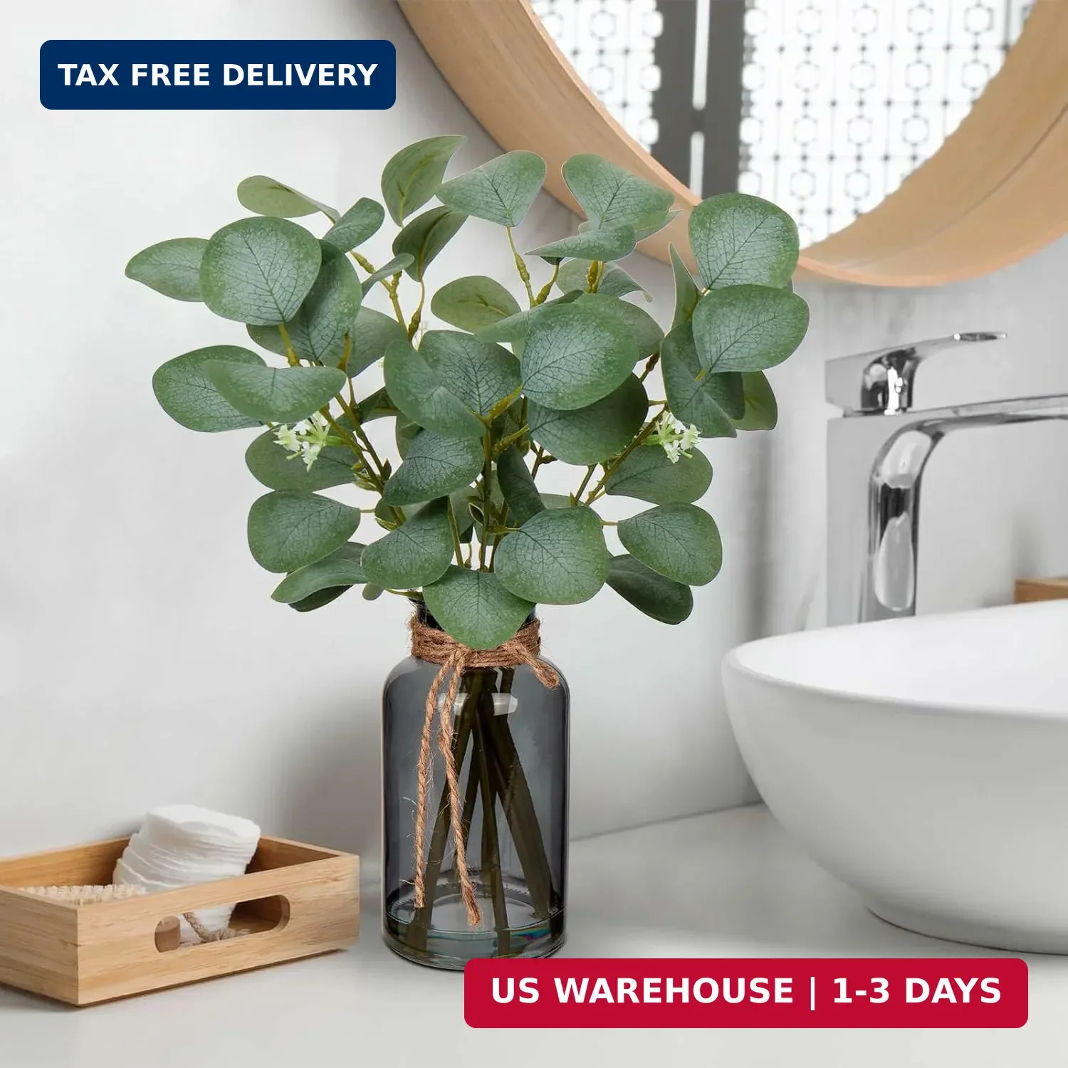 Briful Artificial Eucalyptus Stems in Black Glass Vase with Faux Water, 14″ Fake