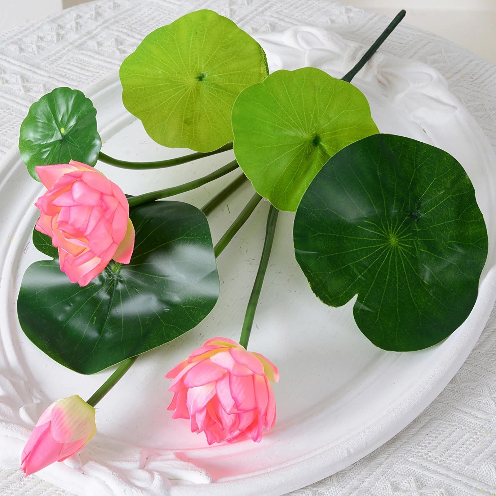 4pcs Artificial Lotus Flowers with Leaves 17″ Pink Fake Water Lily Bouquets f…