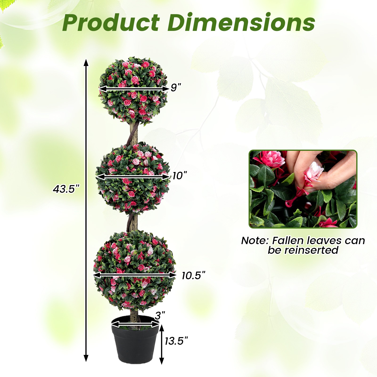43.5” Artificial Triple Ball Rose Topiary Tree w/Lifelike Blooms & Green Leaves