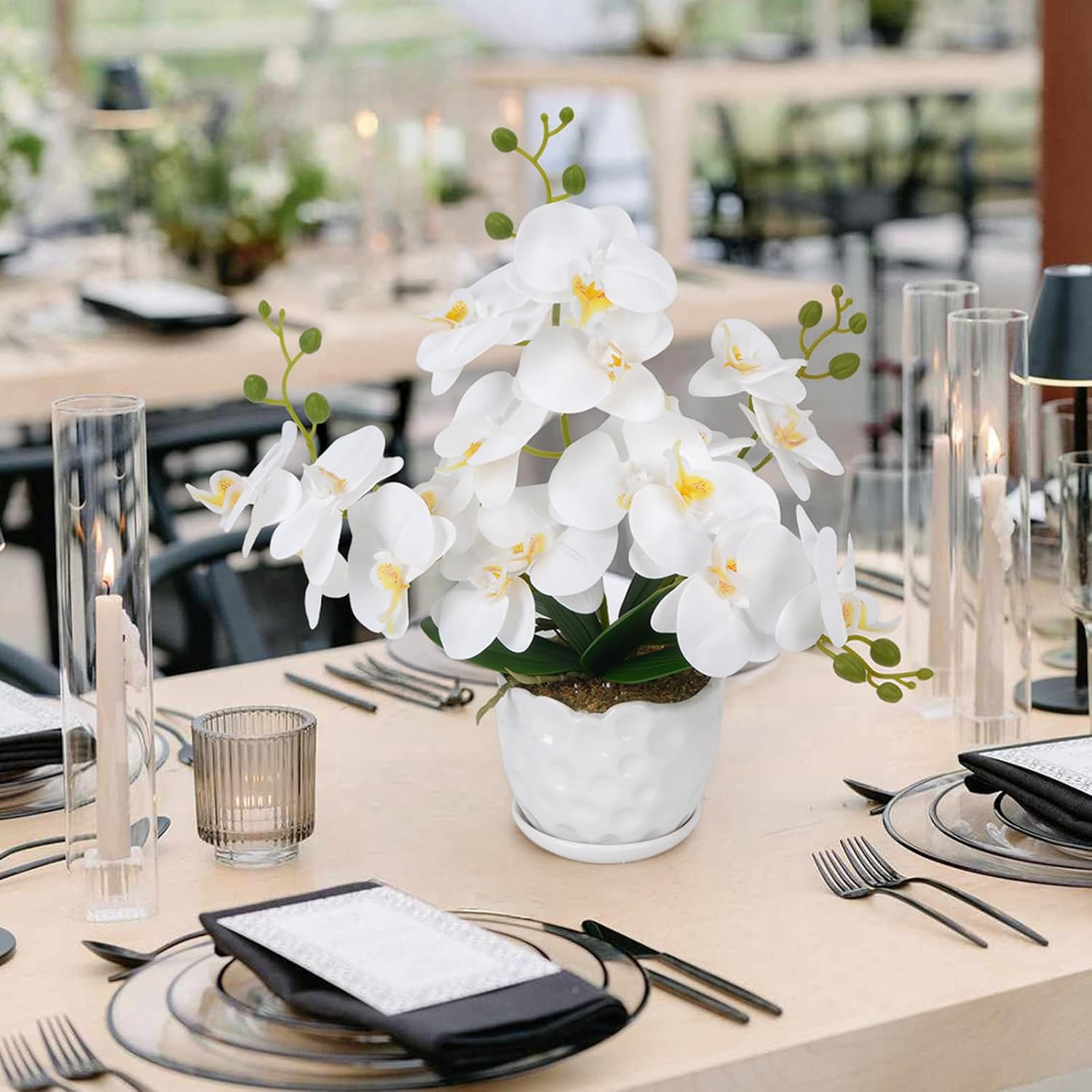 17″ Orchids Artificial Flowers White Fake Orchid Plant with Ceramic Pot Real Tou