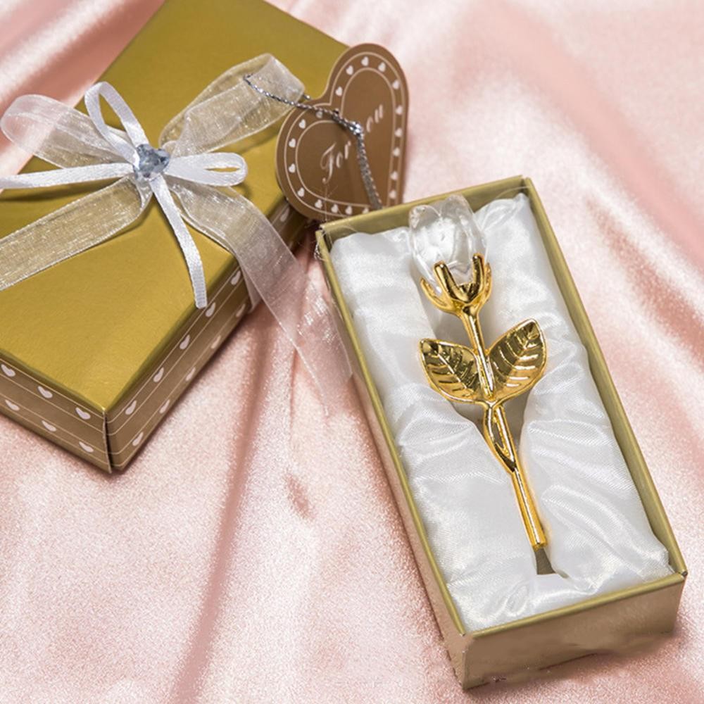 Valentines Day Gift Crystal Glass Rose Artificial Flower Silver Gold Rod Rose