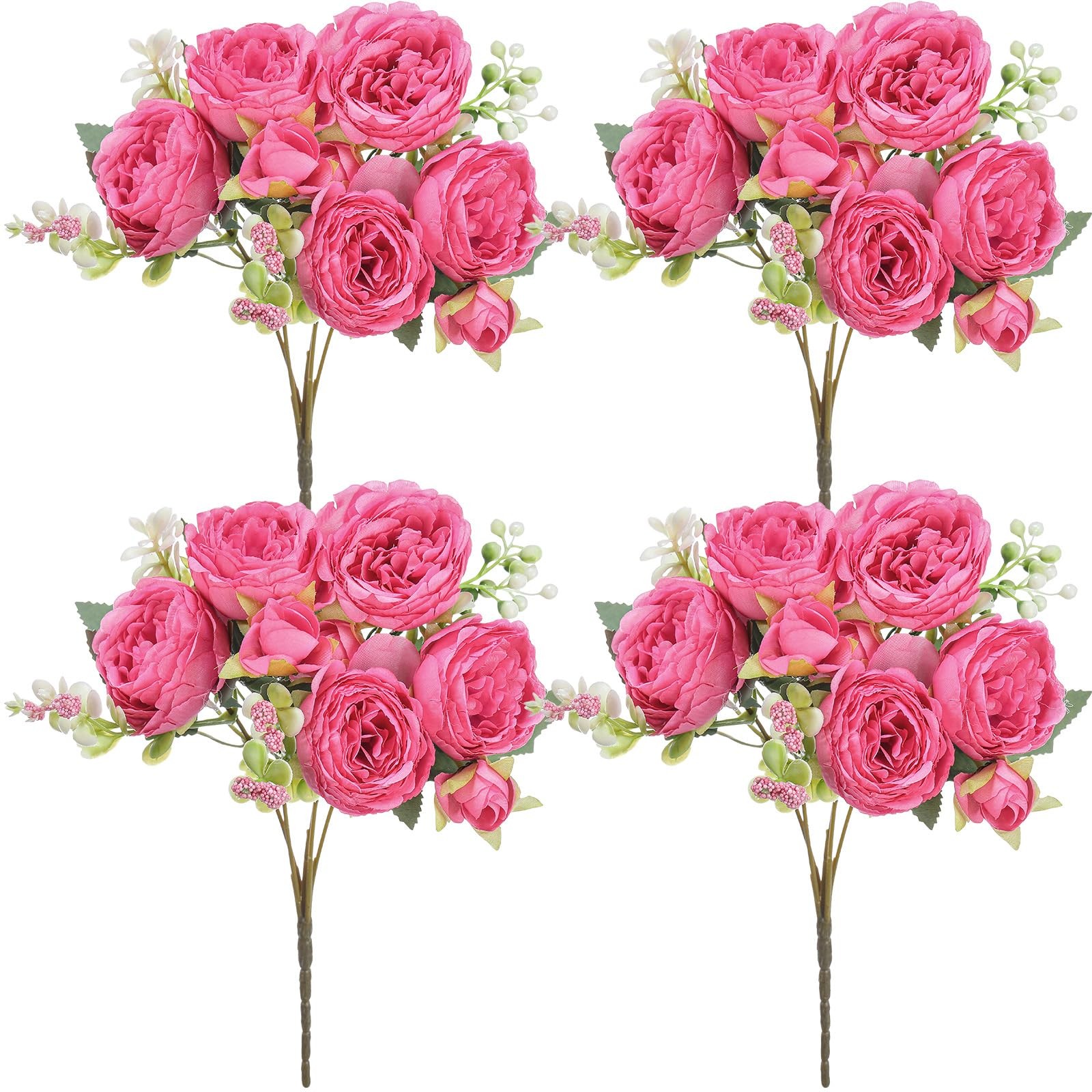 4 Bundles Peonies Artificial Flowers Faux Bouquet Table Centerpiece Hot Pink