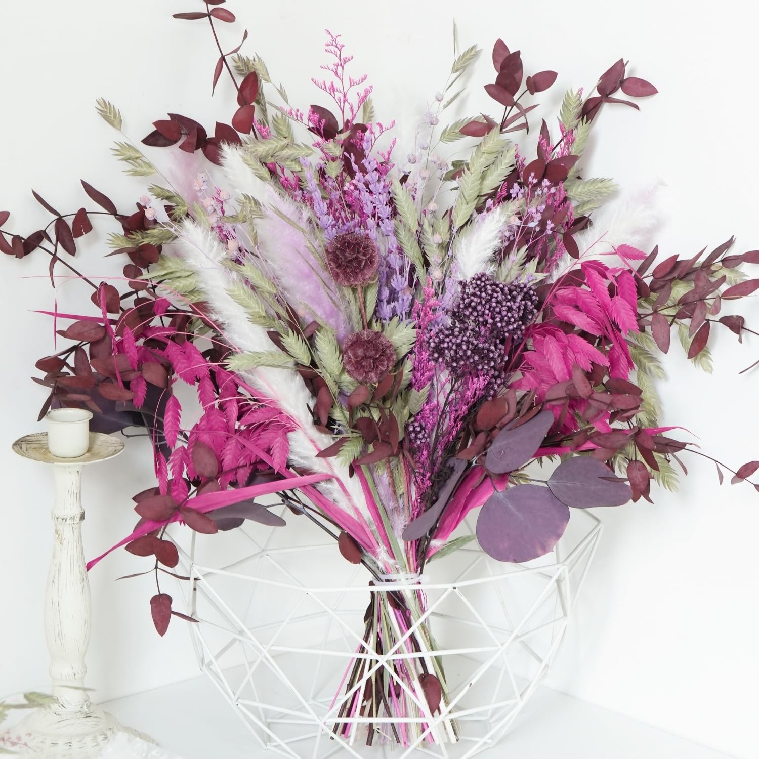 Dried Flower Bouquet Purple Pampas Grass Eucalyptus Wedding Centerpiece 17in