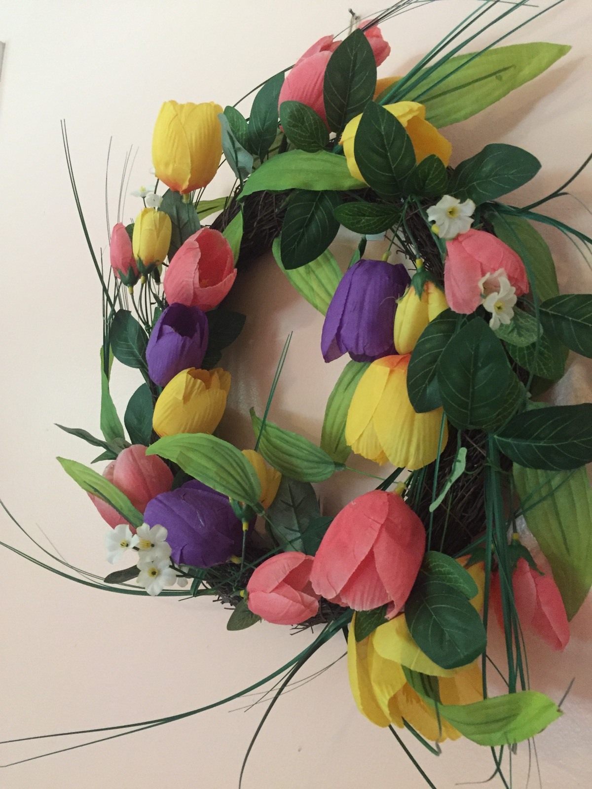 Beautiful Bright Floral Pink Purple Yellow Tulip Spring Door Wreath Door Decor