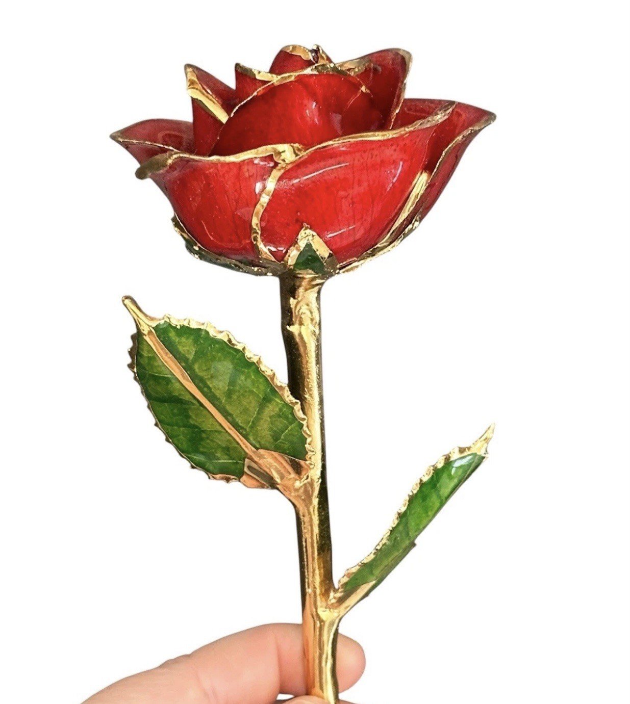 Steven Singer Jeweler Real Rose Preserved Dipped in 24 Karat Gold Red No Box 12”
