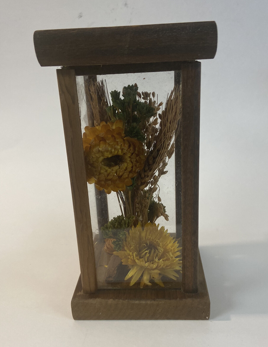 Vintage Dried Flower Glass Box on Wood Base And Top Cottagecore Rustic Country