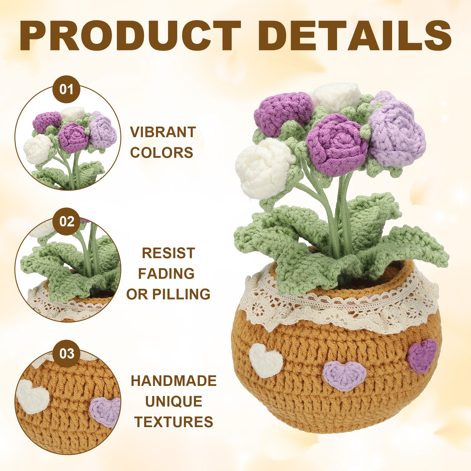 Crochet Flowers Rose Artificial Flowers Little Potted 6 Flowers Gradient Purple
