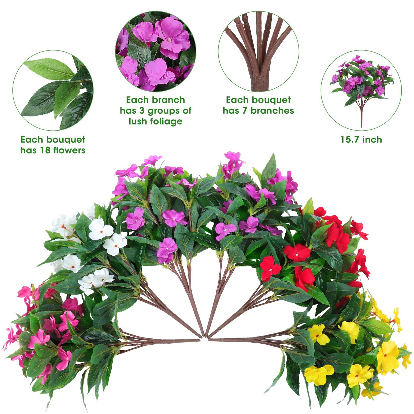 6 Bundles Artificial Impatiens Flowers for Outdoors, Multicolor