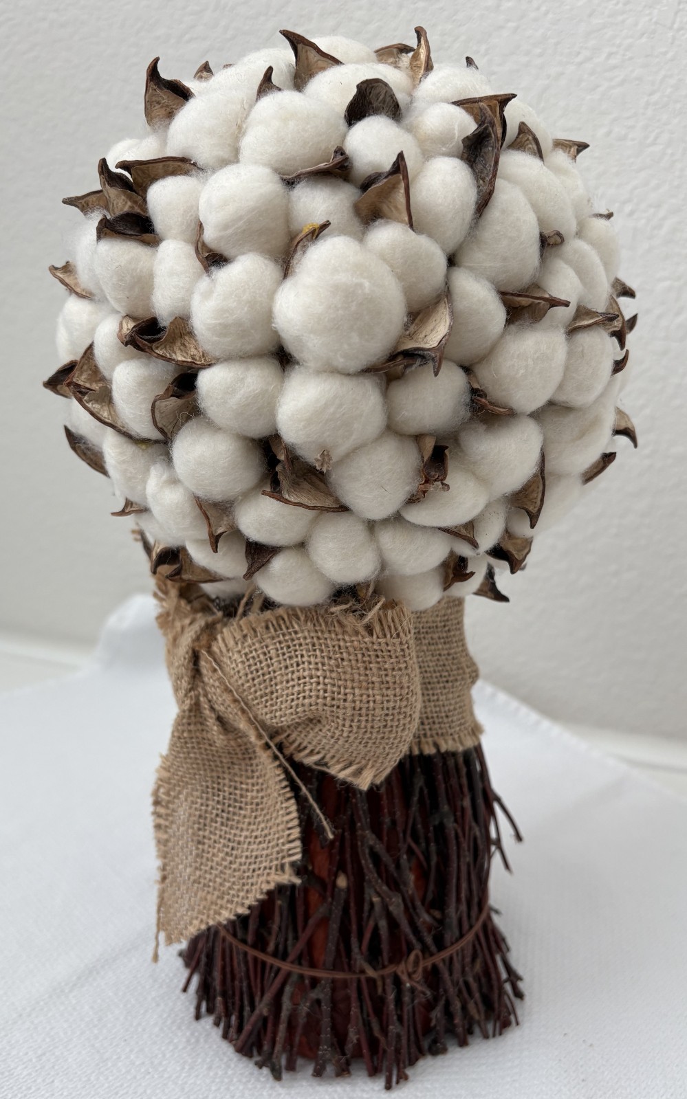 Cotton Stalk Bouquet Combined with Burlap Ribbon, Home Decor 13″x7″ (5″ at base)