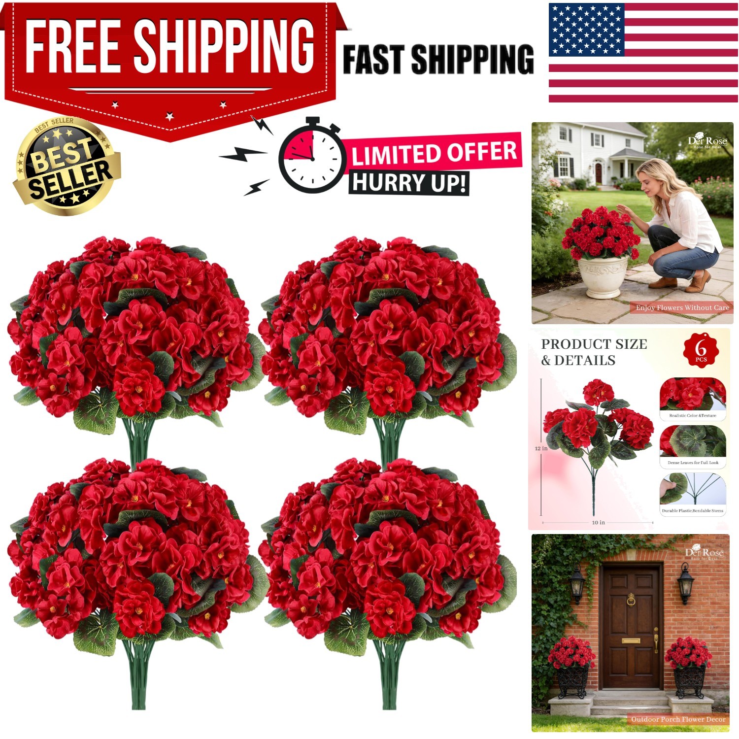 6 Pack Red Artificial Geraniums Flowers for Outdoors UV Resistant Faux Flowers f