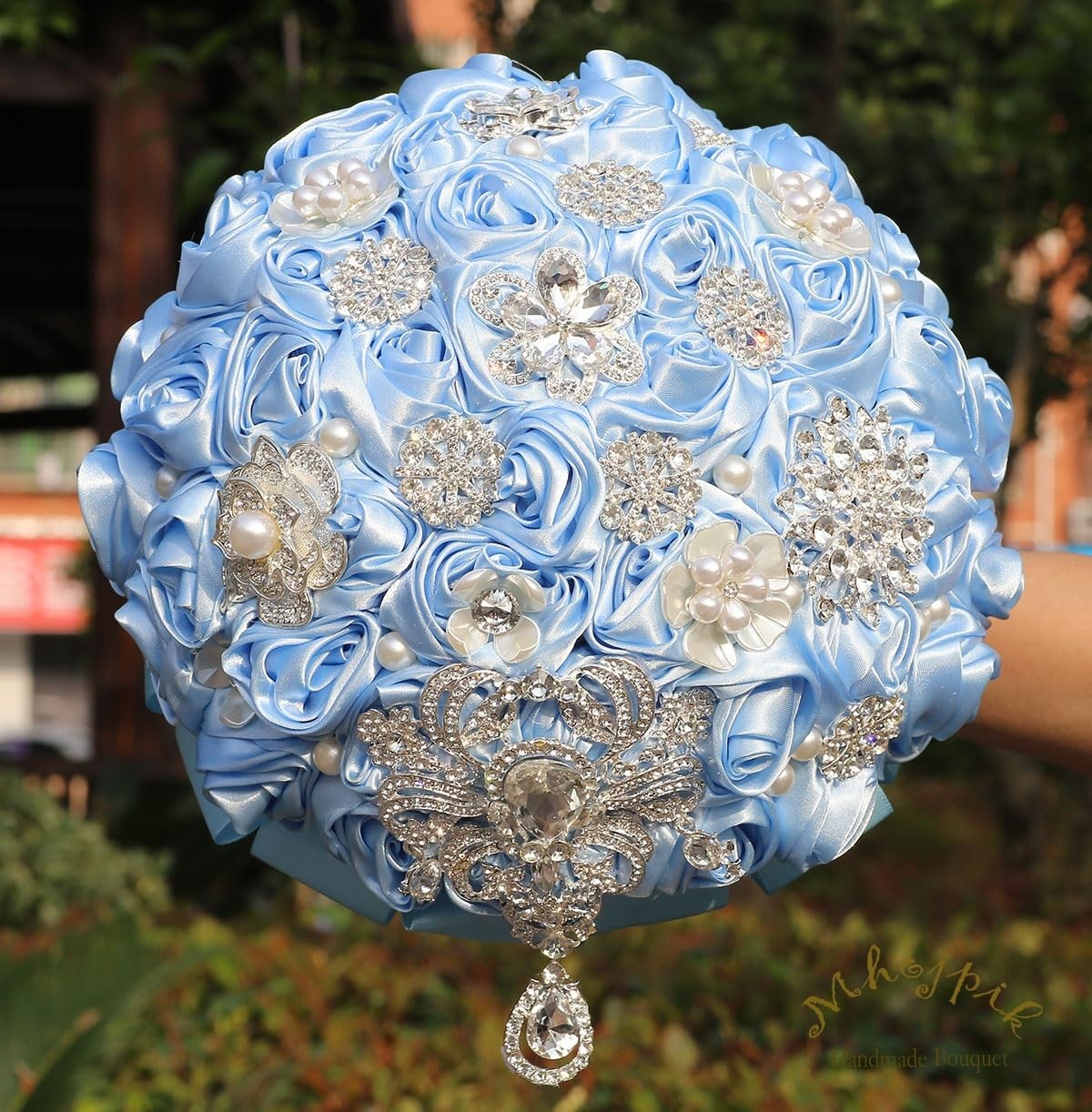 Bridal Wedding Bouquet Round Bling Brooch Bouquet Artificial Rose Flower Bunc…