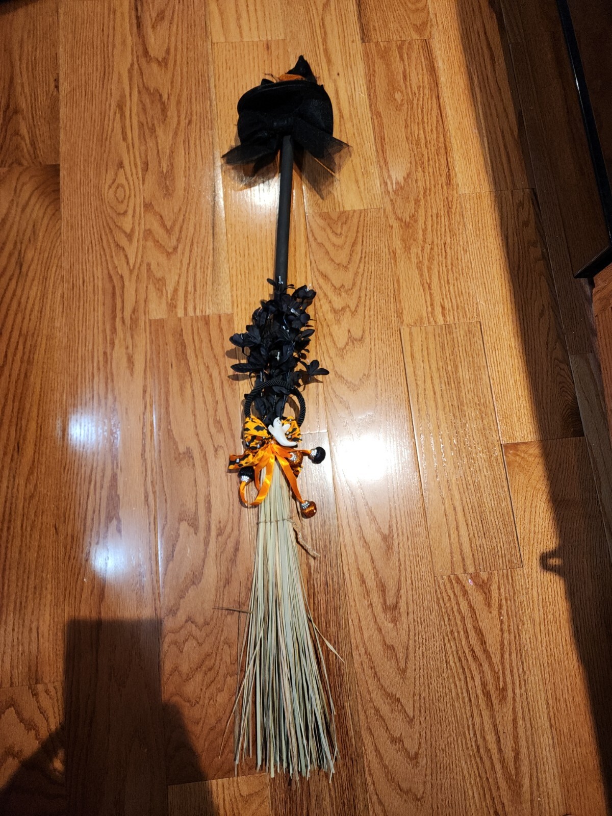 Halloween Decor Witches Broom Black Flowers Ghost Bats 42″ Long Rustic