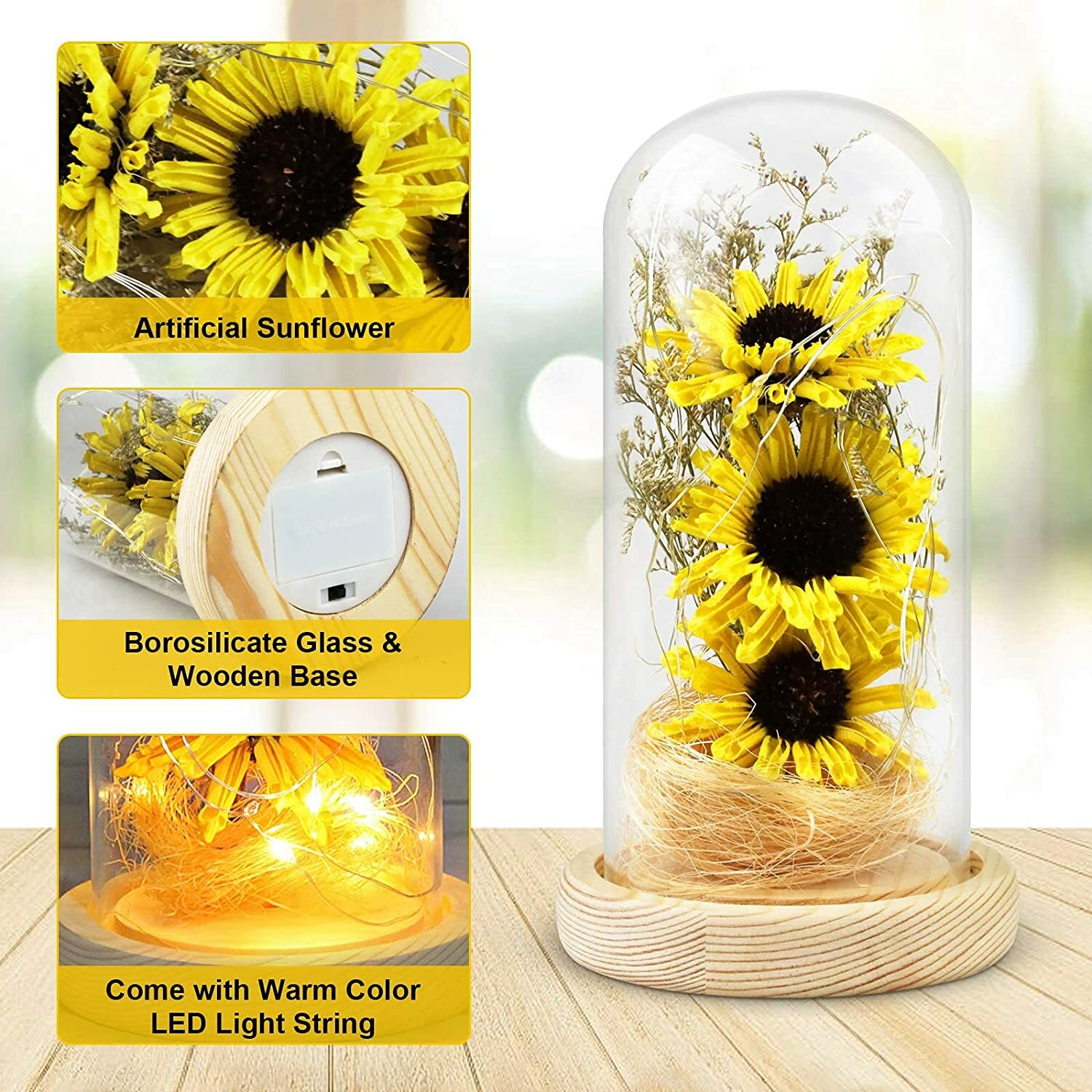 Artificial Sunflower in Glass Dome with Led Light Strip Gifts for Women Mom Girl
